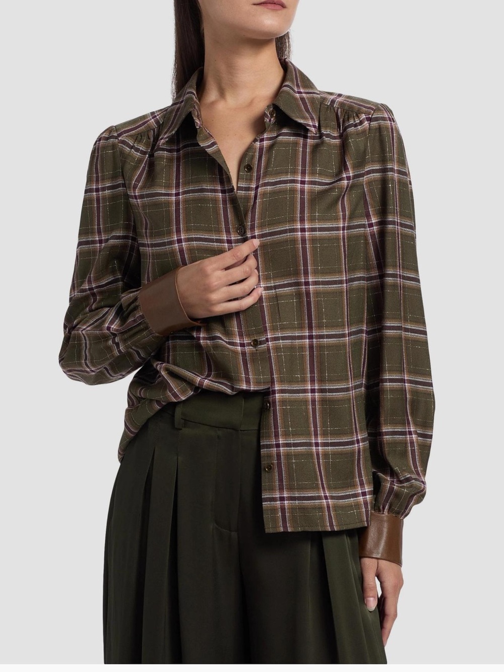 Ramy Brook Olive Plaid Button-Down Shirt with Brown Leather Cuffs